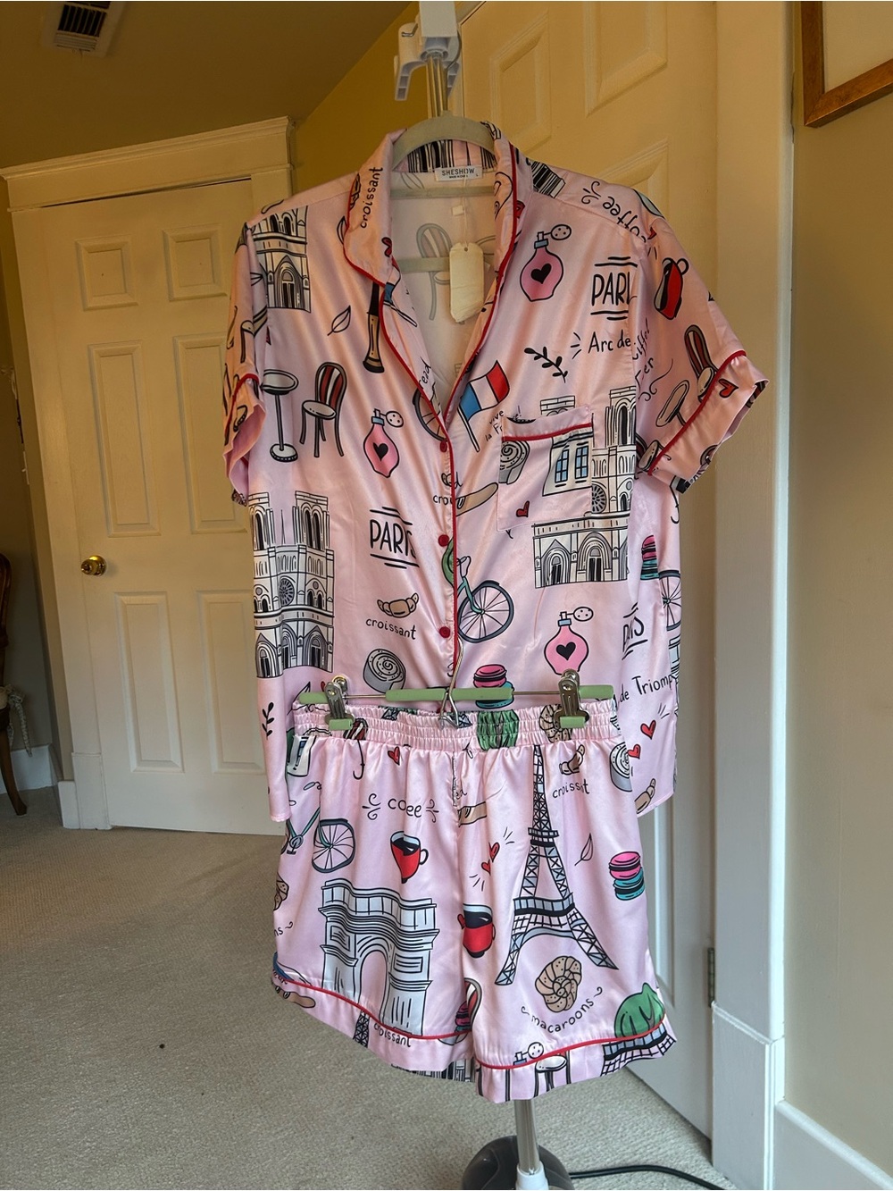 Paris Print Pink Satin Pajama Set